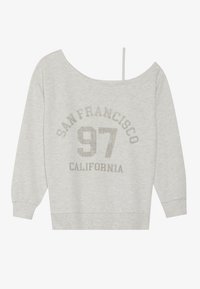 Svetle šedá mikina s dlouhým rukávem, širokým výstřihem a jedním ramínkem, na přední straně s potiskem "San Francisco 97 California".