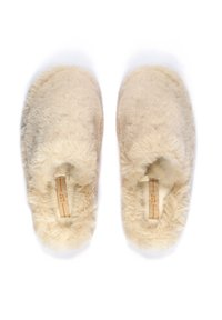 Beige faux fur slippers with a soft texture, rounded shape, and a comfortable fit. Features a label inside for size identification.