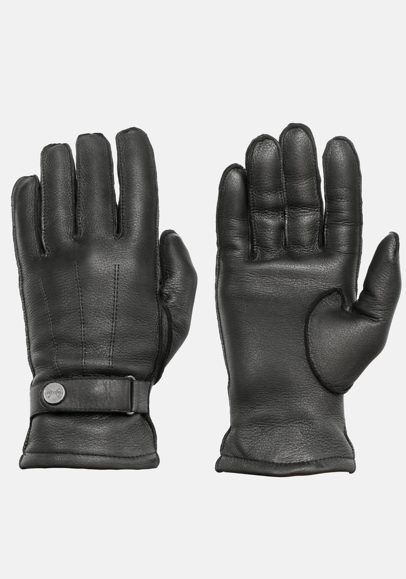 Gants en cuir noir avec cinq doigts, texture rembourrée, accents cousus, et une sangle avec une boucle au poignet pour un ajustement sécurisé.