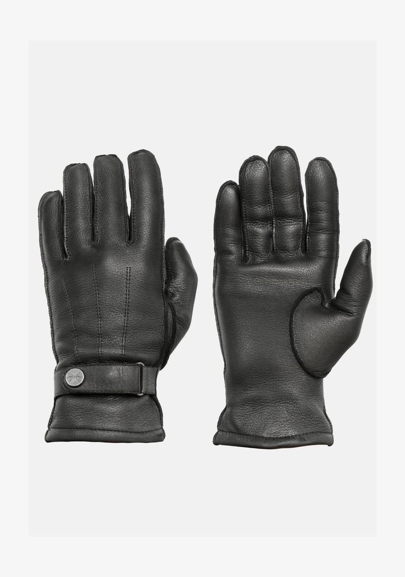 Gants en cuir noir avec cinq doigts, texture rembourrée, accents cousus, et une sangle avec une boucle au poignet pour un ajustement sécurisé.