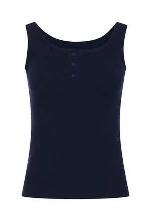 Marineblauw mouwloze geribde tanktop met ronde halslijn en drie kleine knoopjes onder de halslijn gecentreerd.