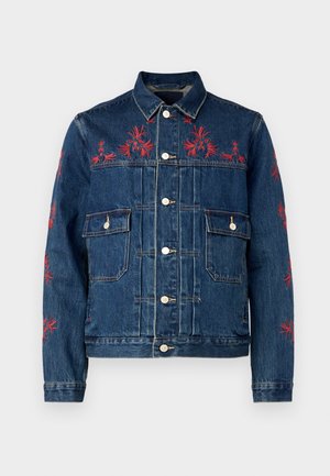 Denim jacket with red floral embroidery on shoulders and sleeves, snap buttons, dual front pockets, and a classic collar.