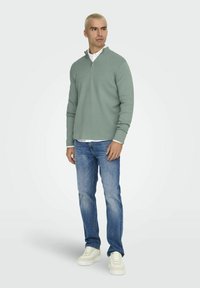 Lichtgroene gebreide half-zip pullover, gelaagd over een wit shirt, gecombineerd met een blauwe spijkerbroek en witte sneakers. Eenvoudig ontwerp, zachte textuur.