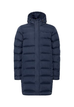 Navy pufferjakke med quiltet design, hel glidelås og justerbar hette. Inkluderer lommer på sidene og en lengre silhuett for dekning.