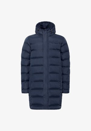 Navy pufferjakke med quiltet design, hel glidelås og justerbar hette. Inkluderer lommer på sidene og en lengre silhuett for dekning.