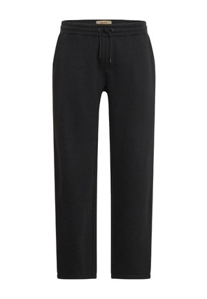 Pantalons de survêtement noirs en matériau doux, avec une taille élastique à cordon, une coupe droite et un design minimaliste sans motifs visibles.