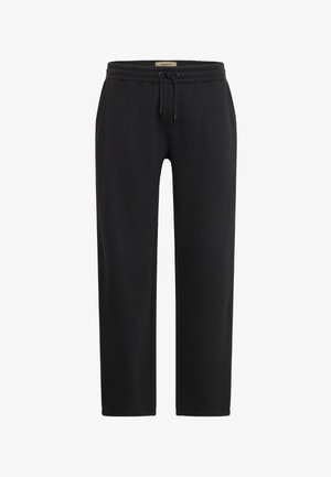 Pantalons de survêtement noirs en matériau doux, avec une taille élastique à cordon, une coupe droite et un design minimaliste sans motifs visibles.