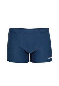 Shorts de bain bleu marine en tissu lisse et extensible ; présentent une texture alvéolée à l'avant et une ceinture élastique avec un logo blanc.