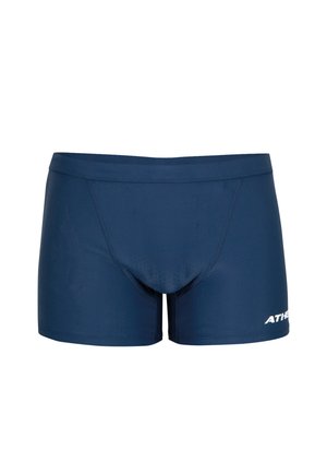 Shorts de bain bleu marine en tissu lisse et extensible ; présentent une texture alvéolée à l'avant et une ceinture élastique avec un logo blanc.