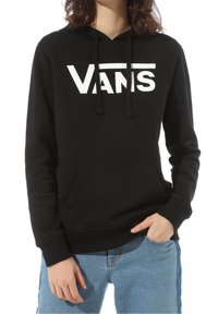 Sweat à capuche noir en mélange de coton, avec une poche kangourou à l'avant, des poignets côtelés et un logo blanc "VANS" proéminent sur la poitrine.