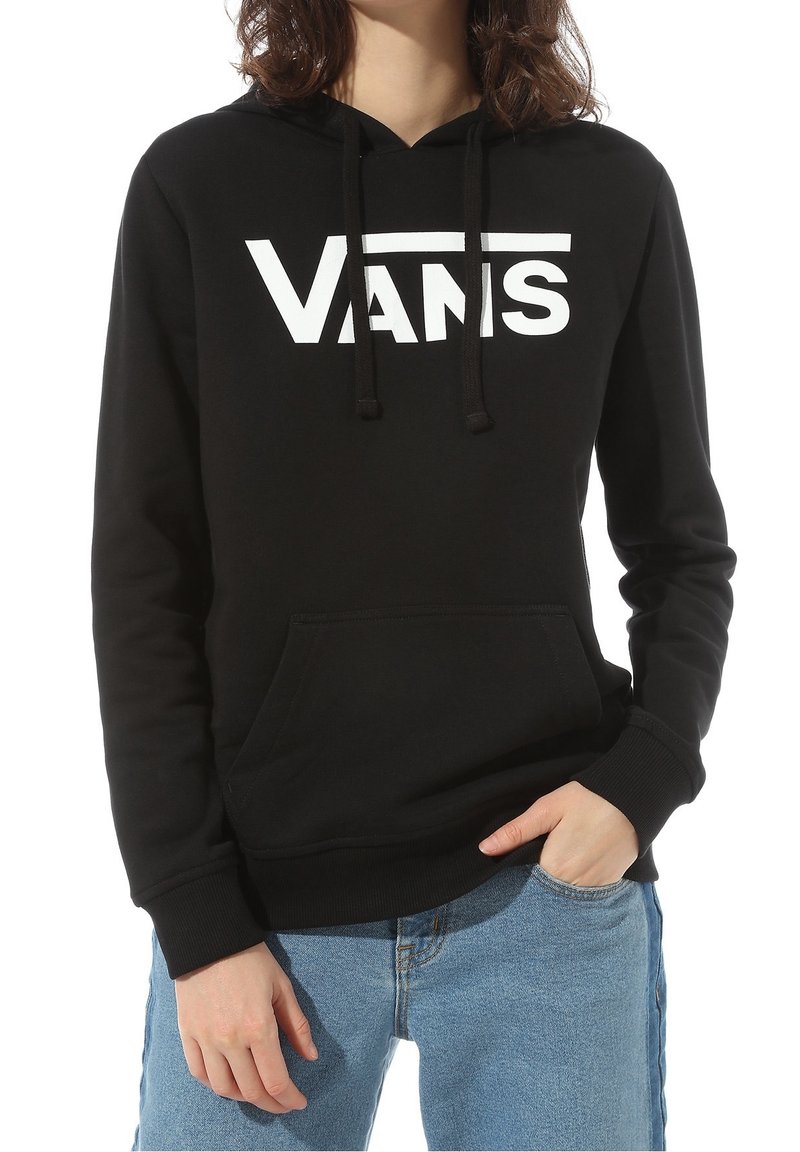 Sweat à capuche noir en mélange de coton, avec une poche kangourou à l'avant, des poignets côtelés et un logo blanc "VANS" proéminent sur la poitrine.