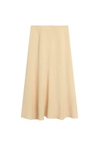 Beige, high-waisted, A-line midi skirt with subtle pleats and smooth fabric, displayed on a white background.