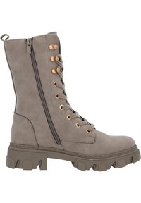 Szare botki za kostkę z sztucznej skóry z grubą podeszwą, złotymi oczkami, sznurowanym przodem i bocznym zamkiem błyskawicznym dla łatwego zakładania. Teksturowana cholewka i wzmocniony nos.