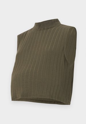 Kaki ermeløs topp med høy hals, med vertikal ribbestruktur og en kort design. Mykt, elastisk materiale med en tettsittende silhuett.