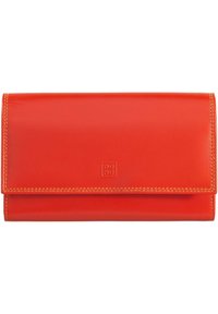 Red leather wallet with contrast stitching and a textured finish. Features a folding design with a debossed logo on the front.