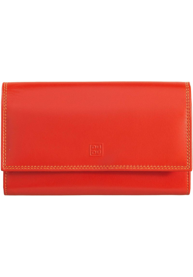 Red leather wallet with contrast stitching and a textured finish. Features a folding design with a debossed logo on the front.