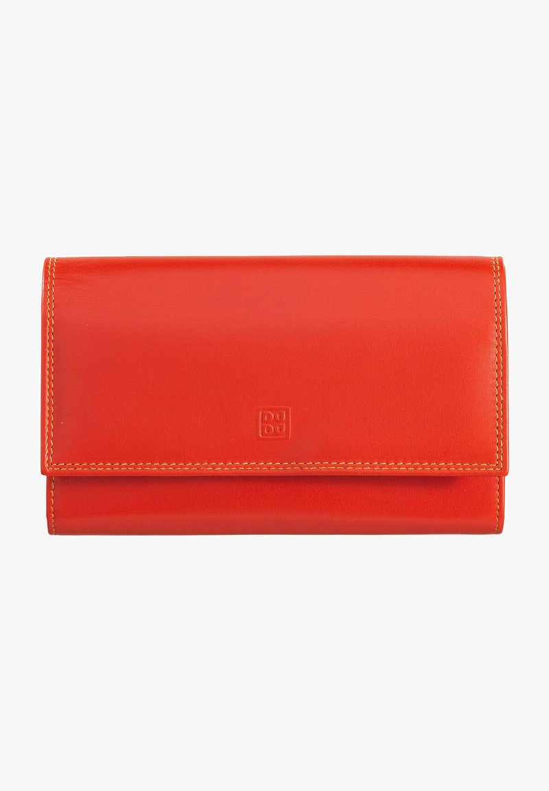 Red leather wallet with contrast stitching and a textured finish. Features a folding design with a debossed logo on the front.