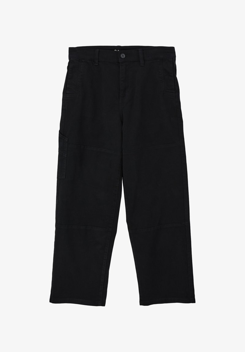 Pantalons cargo en coton noir au design large, avec deux poches latérales et des détails de couture minimaux. Texture lisse, fermeture éclair et patte de boutonnage.