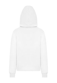 Felpa bianca con cappuccio, maniche lunghe, polsini e orlo a costine. Tessuto liscio, design a taglio rilassato, senza grafiche o dettagli visibili.
