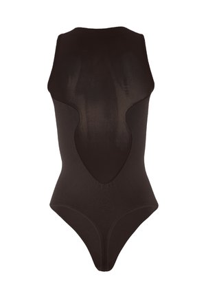 Svart ärmlös bodysuit med nätbakpanel och högskurna benöppningar, utformad för en åtsittande passform och god andningsförmåga.