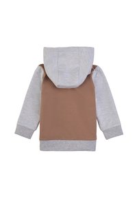 Felpa marrone e grigia con cappuccio grigio, maniche lunghe e polsini a costine. Realizzata in un tessuto morbido e testurizzato con un design pulito.