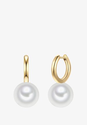 Kullatud rõngaskõrvarõngad sileda pinnaga, mille alumises osas on üks valge pärl, väljendades ümmargust kuju ja läikivat tekstuuri.