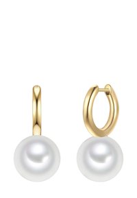 Orecchini a cerchio in oro con una finitura liscia, dotati di una singola perla bianca alla base, che mostrano una forma rotonda e una texture lucida.