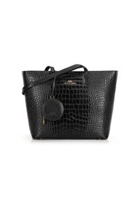 Borsa tote nera con stampa a coccodrillo, dettagli in oro e una pochette rotonda staccabile, dal design strutturato. Texture liscia.