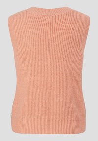 Ärmelloser, gerippter Strickpullover in sanftem Pfirsichton. Verfügt über einen runden Ausschnitt und strukturierten Stoff, mit geradem Saum und seitlichen Details.