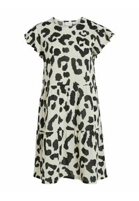Kortärmad klänning i ljusbeige med ett svart leopardmönster. Har en vågig design och ett mjukt, lätt material.