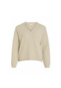 Beige V-neck sweater made from soft knit fabric, featuring dropped shoulders, ribbed cuffs, and hem, with side slits for added comfort.