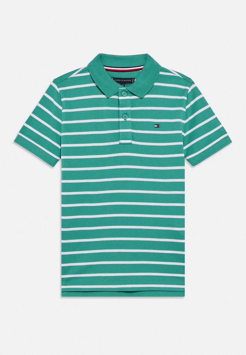 Πράσινο ριγωτό πόλο πουκάμισο από βαμβάκι, με ανοιχτογκρι οριζόντιες ρίγες, γιακά και πλακέτα με τρία κουμπιά. Λογότυπο στο στήθος.