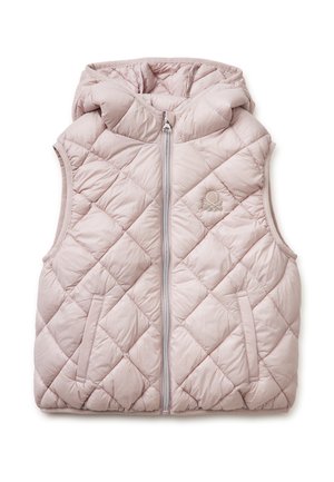 Jasnoróżowa pikowana kamizelka bez rękawów z kapturem, suwakiem z przodu, bocznymi kieszeniami oraz małym haftowanym logo na lewej piersi.
