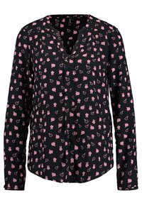 Blusa nera a maniche lunghe con stampa floreale rosa, chiusura a bottoni e lieve arricciatura sulle spalle per un tocco di texture.