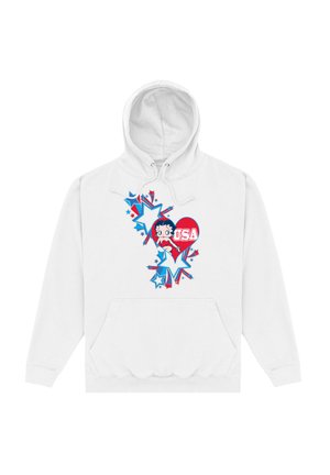 Hvid hættetrøje med et farverigt grafik af stjerner og en karakter, i rød, blå og hvid farve, samt en front kangaroo lomme.
