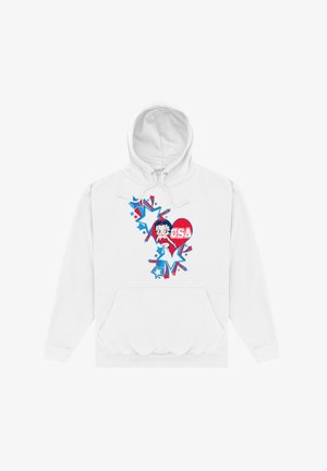 Hvid hættetrøje med et farverigt grafik af stjerner og en karakter, i rød, blå og hvid farve, samt en front kangaroo lomme.
