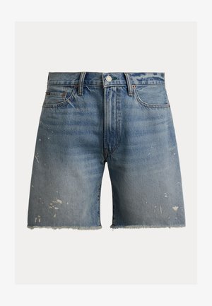 Blaue Jeansshorts mit verwaschenen Farbspritzern, ausgefranstem Saum, vorderer Knopfverschluss und klassischem Fünf-Taschen-Design.