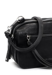 Black leather crossbody bag with a textured finish, featuring silver hardware, dual zippers, and a detachable strap.
