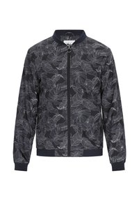 Navy bomberjack met een monochroom bladpatroon. Voorzien van een gebreide kraag, geribde manchetten, twee zijzakken en een ritssluiting aan de voorkant.