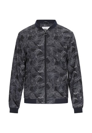 Veste bomber bleu marine avec un motif de feuilles monochrome. Comprend un col en tricot, des poignets côtelés, deux poches latérales et une fermeture éclair à l'avant.