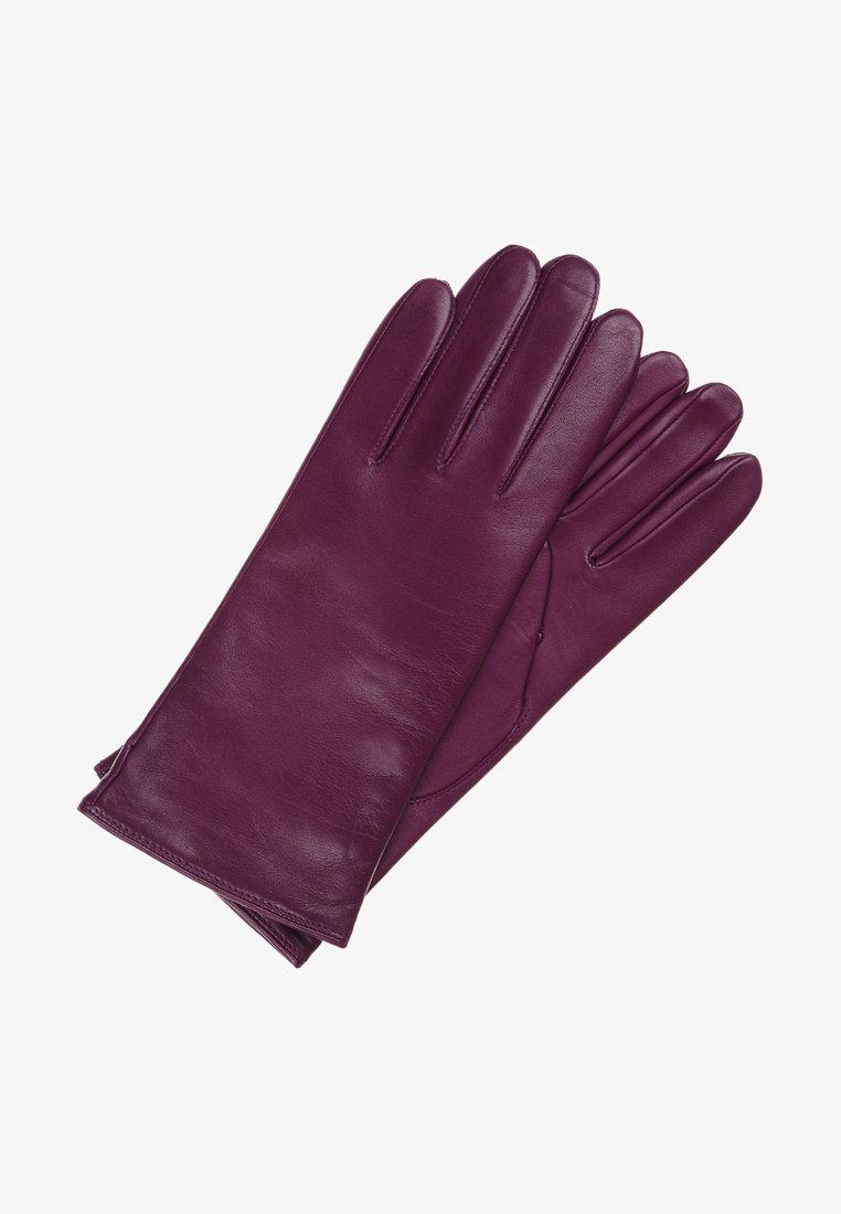 Ein Paar glatte, dunkelviolette Lederhandschuhe, ordentlich gestapelt mit sichtbaren Nähdetails und einem leicht glänzenden Finish.