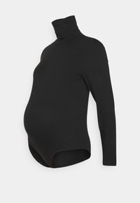Camisola de manga longa preta com gola alta, projetada para uso na maternidade, apresentando uma textura suave e um formato ajustado para acomodar uma barriga em crescimento.