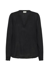 Black long-sleeve blouse with a V-neckline, featuring textured fabric, gathered shoulders, and scalloped hem details.