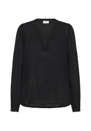 Blouse noire à manches longues avec un décolleté en V, présentant un tissu texturé, des épaules froncées et des détails de lisière en scallop.