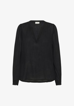 Blusa nera a maniche lunghe con scollatura a V, realizzata in tessuto texturizzato, con spalle arricciate e dettagli a scallop sull'orlo.