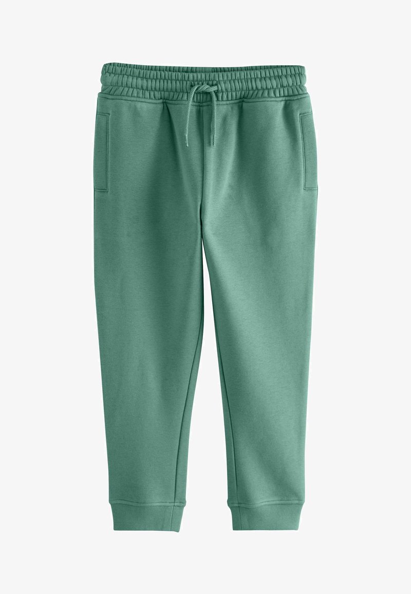 Gaiši zaļas sporta bikses, kas izgatavotas no mīksta auduma, ar elastīgu vidukli ar auklu, sānu kabatām un ribinātiem piedurknēm.