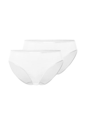 Zwei schlichte weiße Baumwoll-Slips mit elastischem Bund, Vorder- und Rückseite gezeigt, auf weißem Hintergrund.