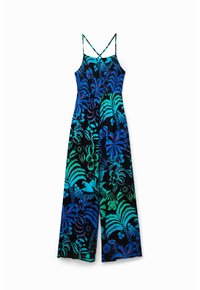 Une combinaison noire avec des motifs floraux et de feuilles vibrants en vert et en bleu. Elle présente des bretelles fines et un corsage froncé, offrant une coupe décontractée.