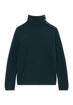 Maglione lavorato a maglia verde scuro con un collo alto a costine e quattro bottoni sulla spalla sinistra. Maniche lunghe e una finitura testurizzata.