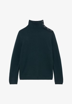 Maglione lavorato a maglia verde scuro con un collo alto a costine e quattro bottoni sulla spalla sinistra. Maniche lunghe e una finitura testurizzata.